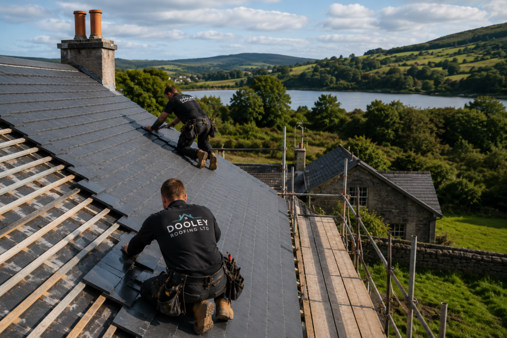 Roof installation in Ireland by Dooley Roofing Ltd showing professional roofers fitting slate tiles on a pitched roof.