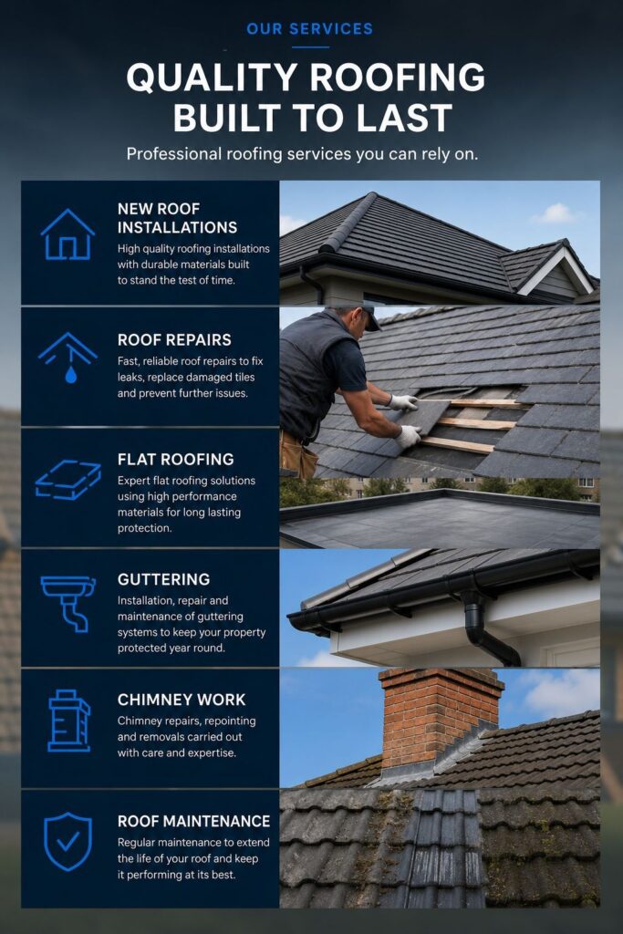Professional roofing services by Dooley Roofing Ltd including new roof installations, roof repairs, flat roofing, guttering, chimney work, and roof maintenance in Dublin, Offaly, Westmeath, Longford, Cavan, Galway, Laois and Kildare.